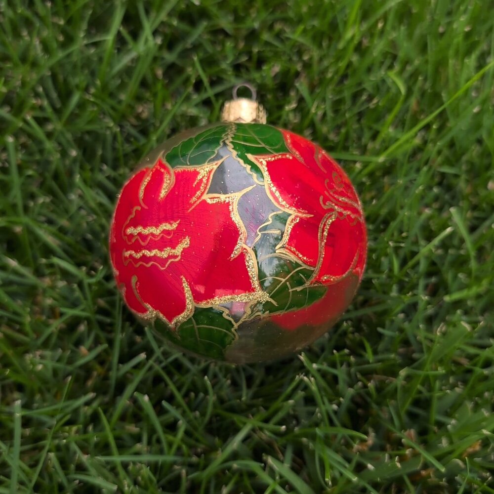 Vintage Living Quarters Glass Sphere With Hand painted Red Flowers - Picture 2 of 3